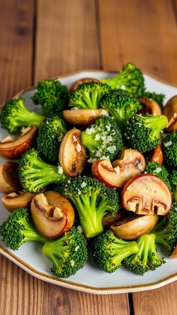 Air-fried roasted broccoli and mushrooms garnished with Parmesan cheese on a rustic table.